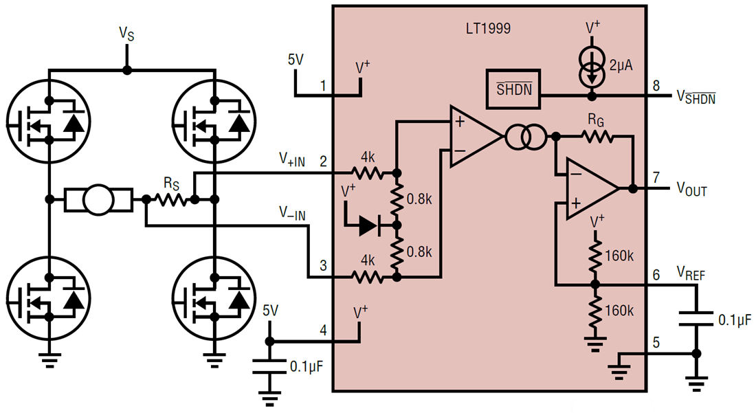 Application Circuit Diagram - Analog Devices Inc. LT1999 Bidirectional Current Sense Amplifier Application Circuit Diagram - Analog Devices Inc. LT1999 Bidirectional Current Sense Amplifier